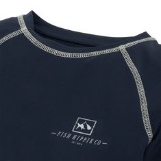 the back of a navy shirt with silver trimmings and an emblem on it