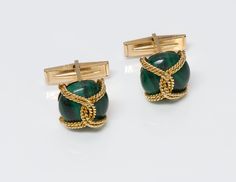 Cartier Malachite Gold Cufflinks. Vintage Cartier malachite yellow gold cufflinks. Round cufflinks twisted gold rope design surrounds the malachite with whale backs. Formal Malachite Jewelry With Polished Finish, Elegant Green Cufflinks For Formal Occasions, Formal Green Malachite Jewelry, Retro Gifts, Gold Cufflinks, Cartier Jewelry, Vintage Cufflinks, Rope Design, Original Clothes