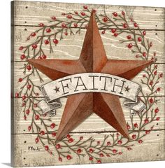 a red star with the word faith on it in front of a wooden background and wreath