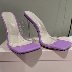 Brand New Purple Clear Pvc Heels Sz9 Purple Pointed Toe Synthetic Sandals, Purple Square Toe Heels For Party, Purple 4-inch Heel Summer Heels, Purple Summer Heels With 4-inch Heel, Summer Purple Heels With 4-inch Heel, Purple Heels With 4-inch Heel For Summer, Casual Purple High Heel Sandals, Trendy Purple Open Heel Heels, Chic Purple Square Toe Heels