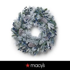 a christmas wreath with pine cones, berries and blue berries on the front of it