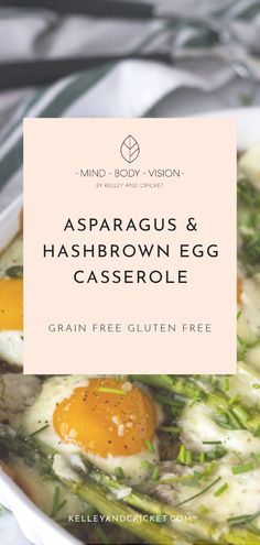 asparagus and hashbrown egg casserole in a white bowl with text overlay