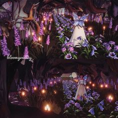 a scene from the animated movie tangled with fairy lights and purple flowers, surrounded by butterflies