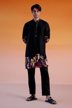 Black silk kurta with figurine motifs, highlighted with mirror embroidery on the hem and sleeves and mirror embroidered placket and collar. Paired with a pant. - Aza Fashions Black Silk Kurta, Mirror Work Kurta, Mirror Embroidery, Silk Kurta, Fashion App, Mirror Work, Band Collar, Pant Set, Embroidered Silk