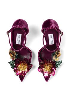 Find JIMMY CHOO Azara 100mm Floral-embellished Pumps on Editorialist. berry red/multicolour velvet flower embellishment pointed toe branded footbed high stiletto heel buckle-fastening ankle strap Velvet Pumps, Shoes Heels Classy, Embellished Shoes, Jimmy Choo Heels, Gorgeous Shoes, Footwear Design Women, Carrie Bradshaw, Jimmy Choo Shoes