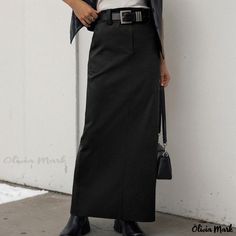 Olivia Mark - Elegant High-Waisted Straight Skirt for Work Skirt For Work, High Waist Long Skirt, Fitted Maxi Dress, Blue Print Dress, Leather Midi Skirt, Work Skirts, Split Skirt, Long Skirts For Women, Half Skirt