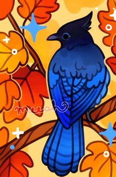 a blue bird sitting on top of a tree branch next to autumn leaves and stars