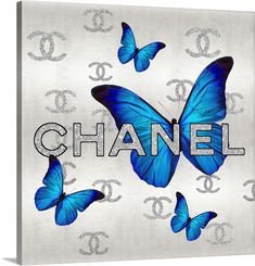 a blue butterfly with the word chanel on it's back is surrounded by butterflies