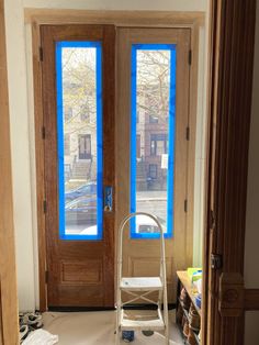 Choices 2020: Varnish Or Paint For Our Mahogany Front Doors | Brownstone Boys Blue Painted Door, Brownstone Boys, Mahogany Front Door, Gallon Of Paint, Double Front Doors, Door Insulation, Custom Door, Raw Wood, Painted Doors