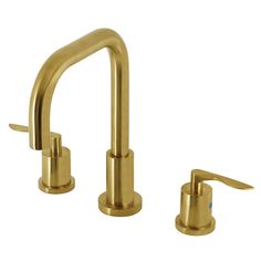 two brass faucets, one with no handles and the other has an extended spout