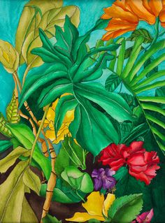 a painting of tropical plants and flowers