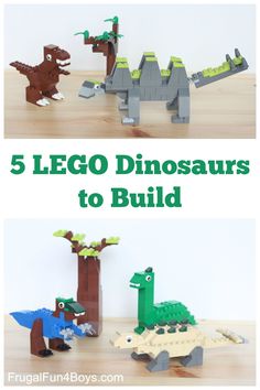 five lego dinosaurs to build on a table with text overlay that reads 5 lego dinosaurs to build