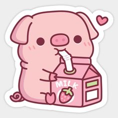 a pink sticker with a pig holding a milk bottle in it's mouth