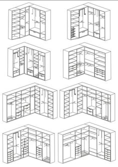 six drawings of the different parts of a kitchen, including cabinets and shelves with drawers