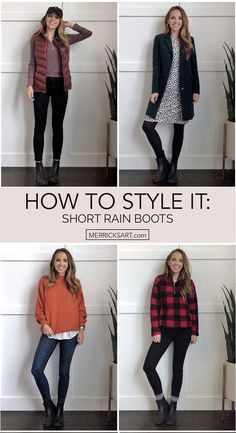 4 Ways to Wear Short Rain Boots Short Black Rain Boots Outfit Winter, How To Style Chelsea Rain Boots, What To Wear With Rain Boots Outfits, Rain Boot Work Outfit, Fall Black Boots Ankle Outfits, How To Style Hunter Chelsea Boots, Croc Rain Boots Outfit, Tall Black Rain Boots Outfit, Black Rain Boots Outfit Fall