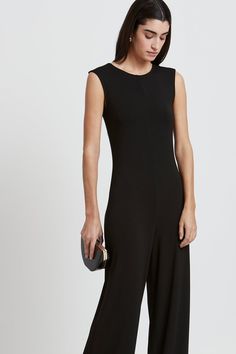 Low-Maintenance Black One-Piece - Whitney Jumpsuit | Marcella Flowy Pants, Black One Piece, Sleeveless Jumpsuits, Petite Size, Low Maintenance, Warm Weather, Round Neckline, Winter Outfits