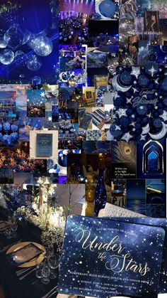 a collage of blue and purple images with the words under the stars on them