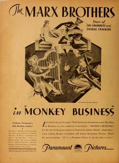 an old advertisement for the marx brothers in monkey business, with two women sitting on a chair