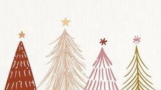 three christmas trees on a white background with snowflakes and stars in the top right corner