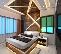 a modern bedroom with wood paneling and white bedding, lights on the ceiling