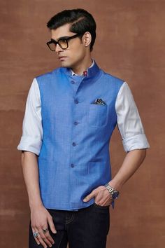 Blue woolen waistcoat featuring three patch pockets with piping on the collar. - Aza Fashions Raghavendra Rathore, Waistcoat Men, Nehru Jacket, Nehru Jackets, Jodhpur, Band Collar, Blue Wool, Aza Fashion, Piping