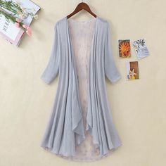 Lady Linen Cardigan Coats Mid-length Asymmetrical 3/4 Sleeve Casual Outdoor Slim Please note this is in Asian sizing, smaller than western size e.g. UK, US, AU. Please check the measurements carefully before making a purchase. Please allow 2-4cm discrepancy due to different measurement method. If you are not sure which size to buy, please provide height and weight, we will recommend a suitable size. Photos may slightly different from actual item's color due to the lighting during photo shooting Solid Summer Cardigan With 3/4 Sleeve, Gray Long Sleeve Summer Cardigan, Summer Gray Long Sleeve Cardigan, Asymmetrical Hem Cardigan For Spring Layering, Spring Cardigan With Asymmetrical Hem For Layering, Solid 3/4 Sleeve Summer Outerwear, Casual Cape, Lace Crochet Cardigan, Kimono Plus Size