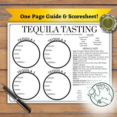 a poster with the words tequila tasting on it next to a cup of coffee and a pen