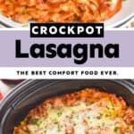 the crockpot lasagna recipe is shown in three different pictures, including one with