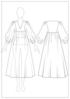 the front and back view of a dress with long sleeves, pleaed skirt and open shoulders