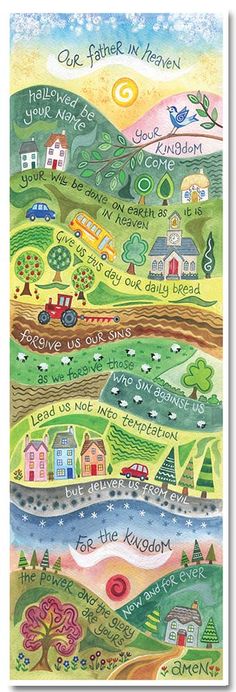 a colorful poster with the words our father in heaven and an image of houses on it