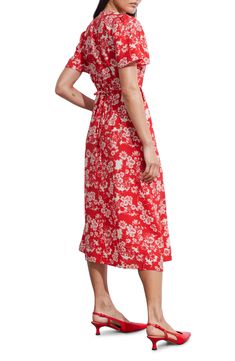 An enchanting floral pattern brightens up a flutter-sleeve midi dress in a classic A-line silhouette. 46 1/2" length (size 4) Front button closure V-neck Short sleeves Side-seam pockets Unlined 85% viscose, 15% polyamide Dry clean Imported Midi Dress With Sleeves, Nordstrom Dresses, Flutter Sleeve, Floral Pattern, Top Brands, Floral Print, A Line, Floral Prints, Dry Clean