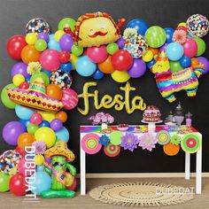 a fiesta themed birthday party with balloons and decorations