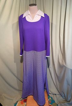 "This is a cute vintage dress from the 70s. Label reads, \"Bellfry by Gerald Pierce\". No size tag. The bust measures 40\", waist 38\", hip 36\", see measurements below. Made of a purple & white polyester with a seersucker type texture at the top texture, and a tweed weave on the skirt. The dress is not lined. It is long sleeve with a white accent at the neckline & sleeve cuffs, giving the illusion of a shirt underneath. It is a maxi dress with a seersucker style texture on the top & Retro Winter Day Dresses, Retro Winter Daywear Dresses, Fitted Long Retro Dress, Retro Long Sleeve Day Dresses, Retro Long Sleeve Daywear Dresses, Seventies Fashion, Herringbone Tweed, Pleated Bodice, Long Sleeve Maxi