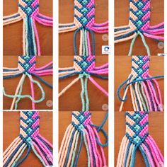 four pictures showing how to make a macrame knot with different colors and sizes