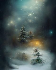 a painting of snow covered trees in the night sky