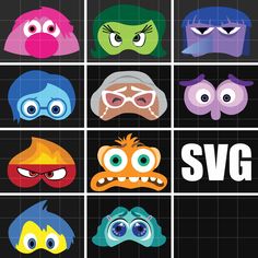 several different colored masks with the words svg on them in front of each other