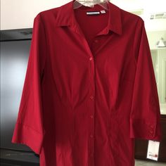 Red Button Shirt, Never Worn. Has Tag. Red Shirt For Office In Fall, Red Office Shirt For Fall, Red Shirt For Office Wear In Fall, Red Long Sleeve Office Shirt, Red Shirt For Workwear In Fall, Red Button-up Workwear Blouse, Red Button-up Blouse For Work, Red Workwear Blouse With Button Closure, Elegant Red Cotton Shirt