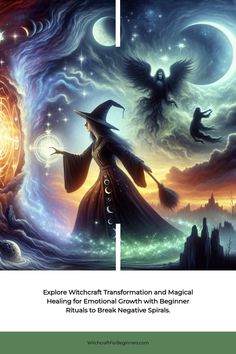 A witch casting a spell, surrounded by mystical symbols and celestial beings, with text promoting beginner witchcraft rituals.