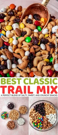 the best classic trail mix recipe is made with nuts, candy, and cereals