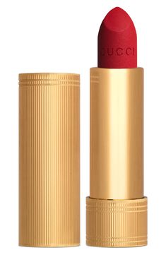 What it is: A matte-finish lipstick that delivers intense vivid color with a single stroke.What it does: Delivering bright and rich lip color with a soft and velvety feel, the texture of Rouge à Lèvres Mat Matte Lipstick has a silk-like, comfortable finish that won't dry out your lips or smudge. Its gold metal-colored tube is precise and elegant, with evenly spaced narrow ribbed grooves etched vertically into its length.How to use: Apply to lips. Use the sharp edge of the bullet to contour. Styl Mat Lipstick, The Painted Veil, Gucci Makeup, Long Lasting Matte Lipstick, Creamy Lipstick, Lipstick Tube, Lipstick Collection, Dior Addict, Lip Colour