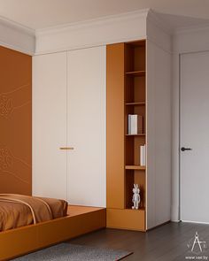 an orange and white bedroom with a bed, bookcases, and bookshelf