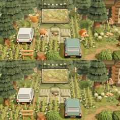 an animal crossing game with cars and animals on the road in front of some trees