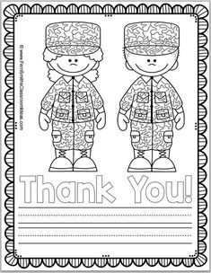 thank you coloring page with two children in winter clothes and the words thank you on it