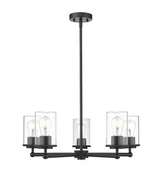 three light chandelier with clear glass shades on the bottom and black metal frame