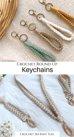 the crochet round up keychains are shown in different colors and sizes