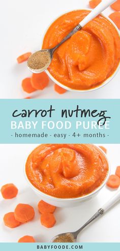 carrot nutmeg baby food puree in small bowls with spoons