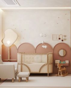 a baby's room with pink walls and furniture