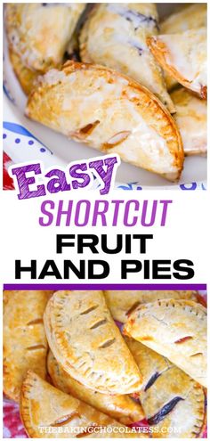 easy shortcut fruit hand pies on a plate with text overlay that reads easy shortcut fruit hand pies