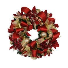 a red and gold christmas wreath with bells, ornaments and bows on white back ground