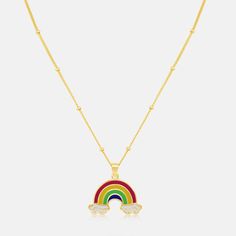 Rock a dazzling dash of color in Em + Liv's CZ Rainbow Necklace, featuring an array of sparkly clouds attached to a dreamy rainbow pendant. Wear this gem with a cute choker, and a vibrant blouse for a chic, layered look that'll make heads turn anywhere you go. Sterling Silver 14K Gold Plated Cubic Zirconia Stones Length: 14" + 3" Extender Trendy Rainbow Jewelry For Pride, Rainbow Pendant, Gold Bond, Rainbow Necklace, Solid Gold Chains, Broken Chain, Rock A, Solid Gold Jewelry, Gold Collection